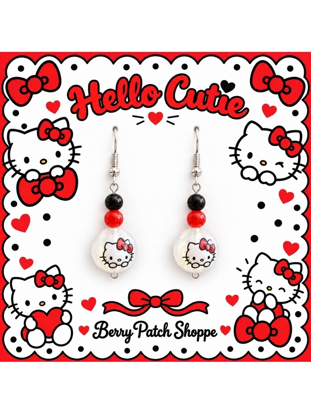 Classic Hello Kitty Cutie Red Bow Pearl Dangle Drop Earrings
